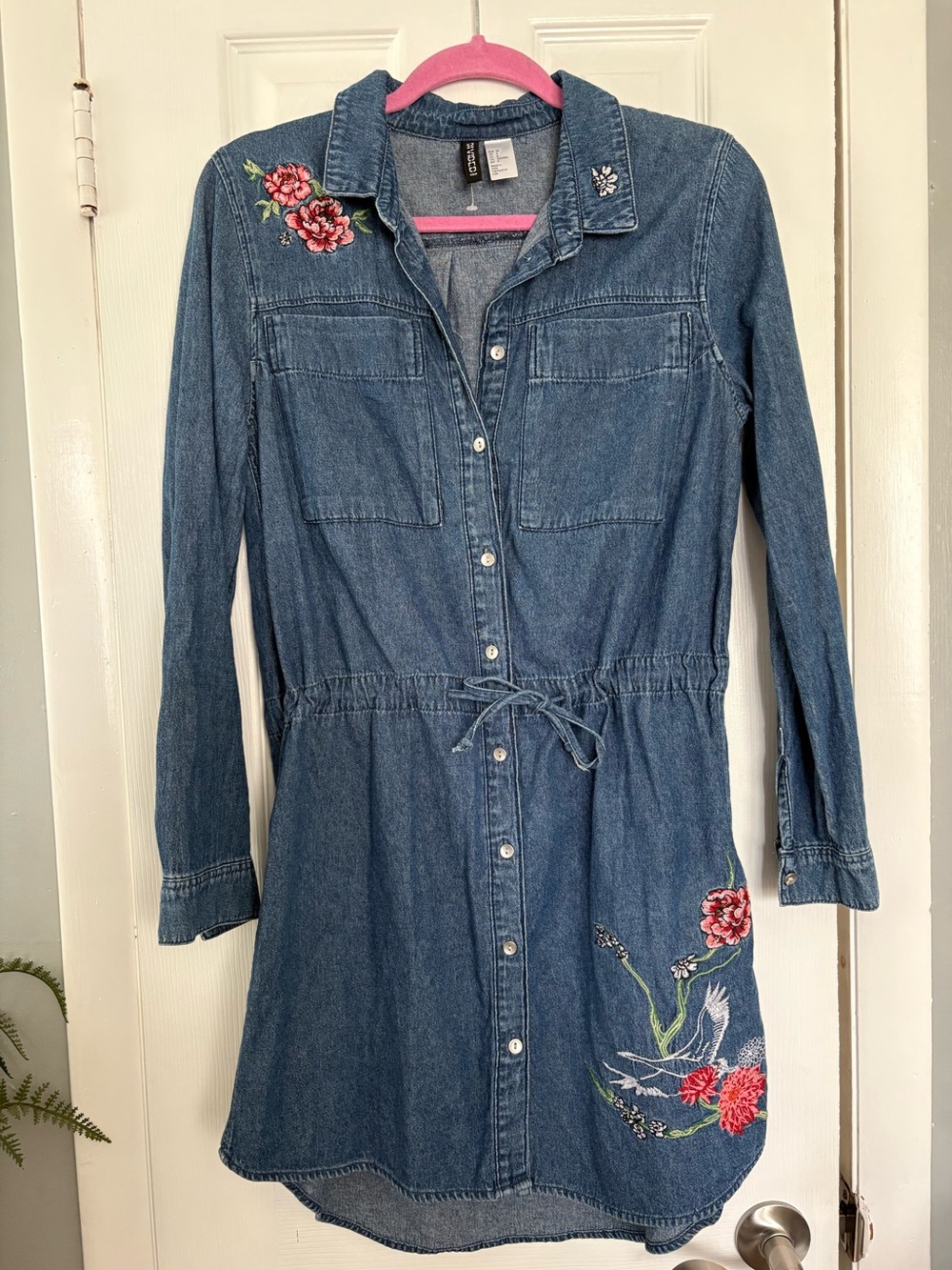 Denim Dress with Floral Embroidery